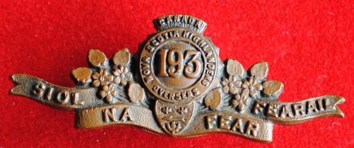 Canadian Expeditionary Force 193rd Battalion Nova Scotia Highlanders Collar Badge