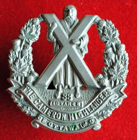 Canadian Expeditionary Force 38th Battalion Cameron Highlanders of Ottawa (MG) Collar Badge