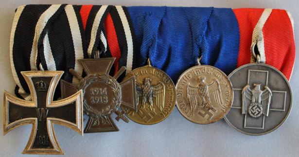 WW1/WW2 German Parade Mounted Medal Bar of 5 Awards 